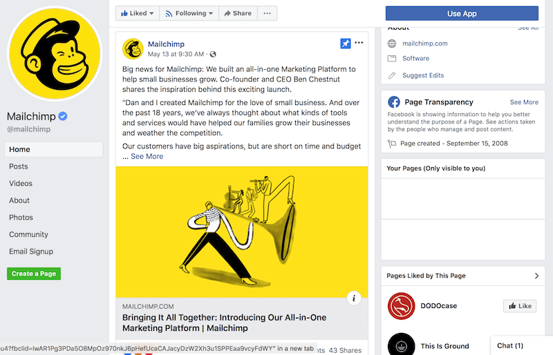 Facebook oldal példák Mailchimp