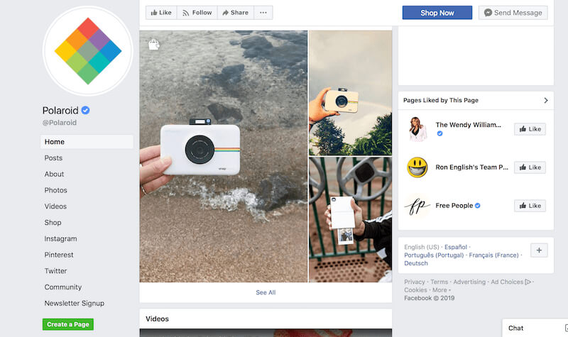 Exempel på Facebook-sida Polaroid