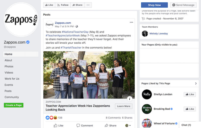 Ejemplos de páginas de Facebook de Zappos